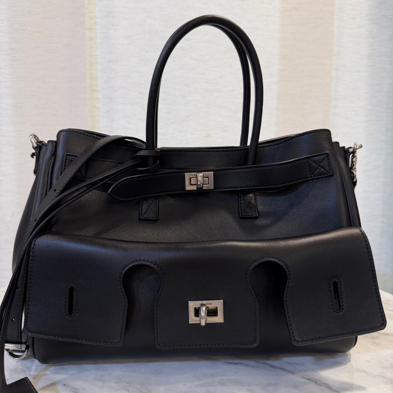 Balenciaga 黑牛皮銀釦Bel Air Carryall Small手提斜背包-0