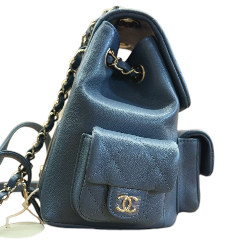 ［3078］香奈兒 CHANEL  菱格皮穿鏈 側面雙口袋炸藥包形狀 粒面牛皮 背包雙肩包 大號 女款 灰藍色-2