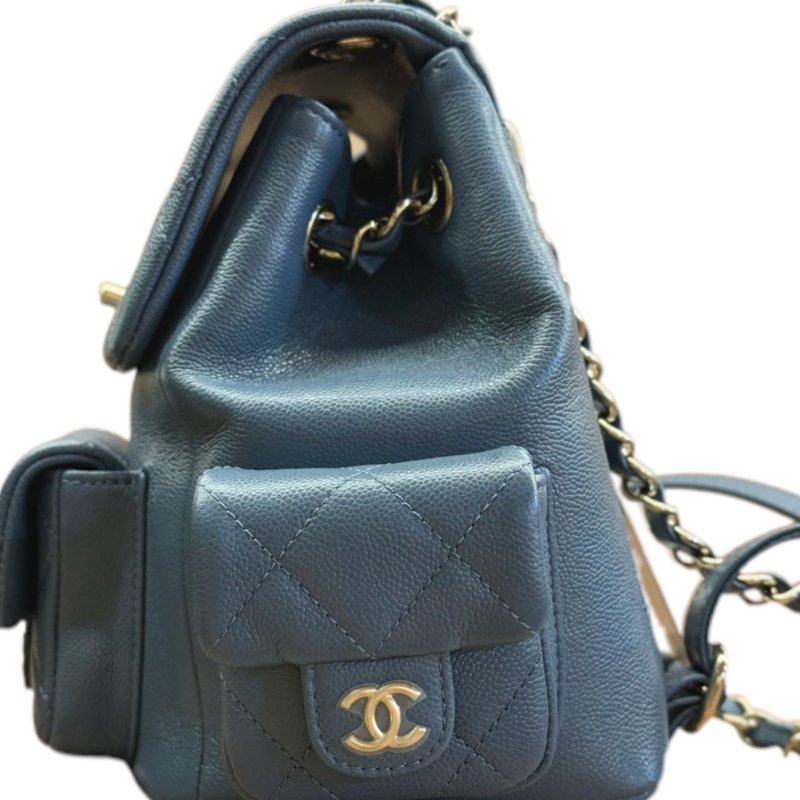 ［3078］香奈兒 CHANEL  菱格皮穿鏈 側面雙口袋炸藥包形狀 粒面牛皮 背包雙肩包 大號 女款 灰藍色-3