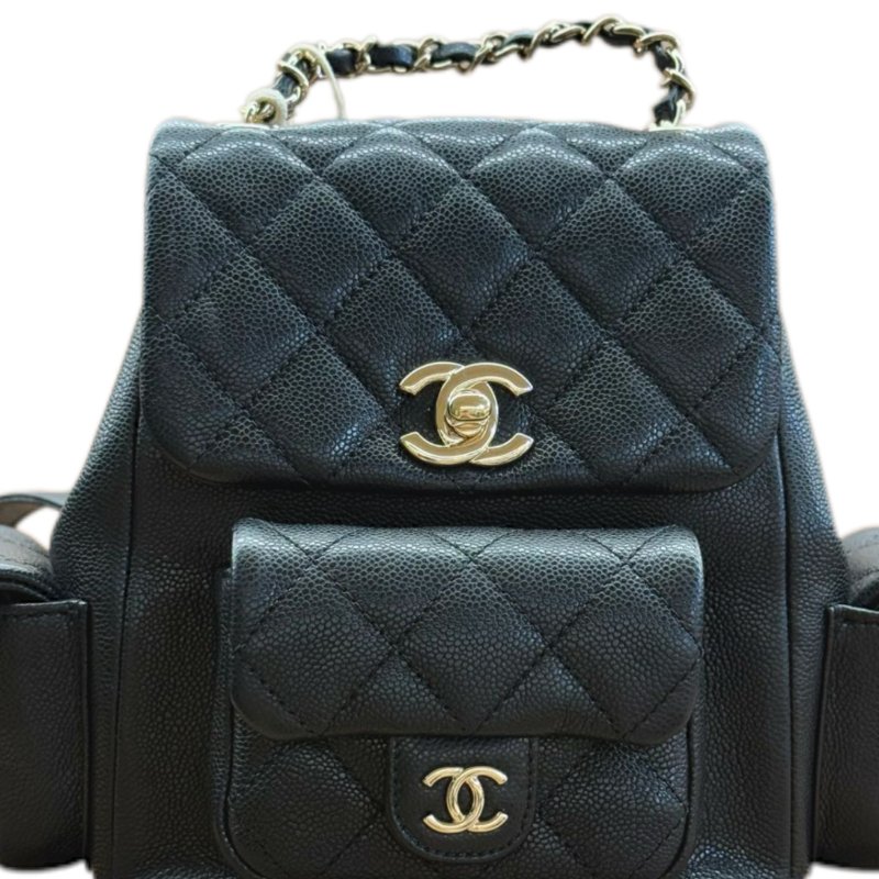 ［3270］香奈兒  CHANEL  Duma 23K 側面雙口袋 菱格皮穿鏈 粒面牛皮 炸藥包形狀背包雙肩包 男女同款情侶款 黑色-0