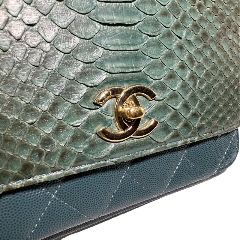 【2732】香奈兒 Chanel 手提/斜挎郵差包 蛇皮綠 小號 金扣-10