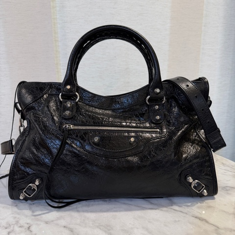 Balenciaga 黑復刻羊皮銀釦手提斜背中號機車包