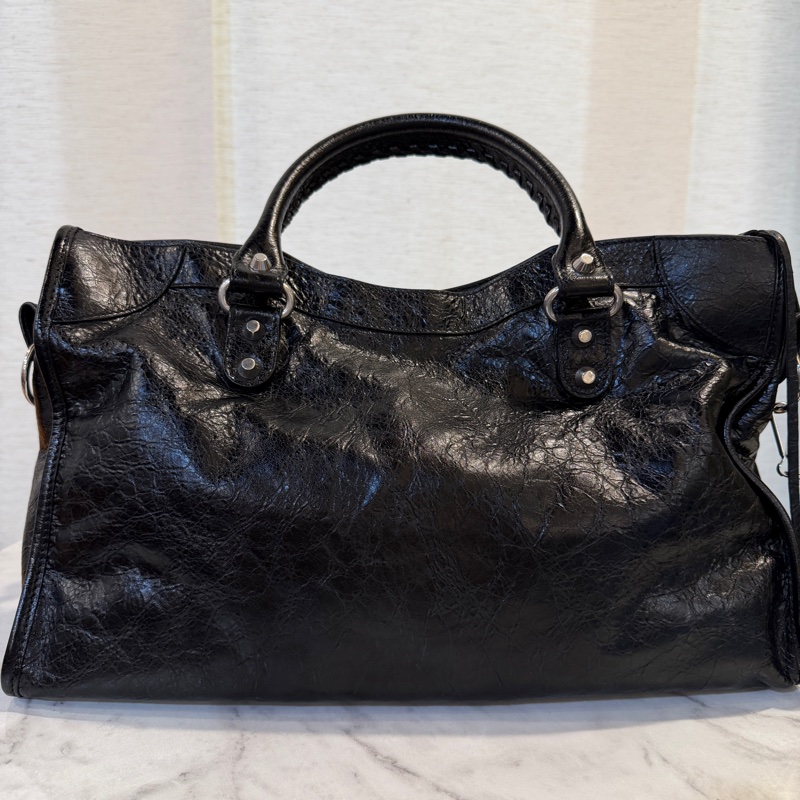 Balenciaga 黑復刻羊皮銀釦手提斜背中號機車包-4