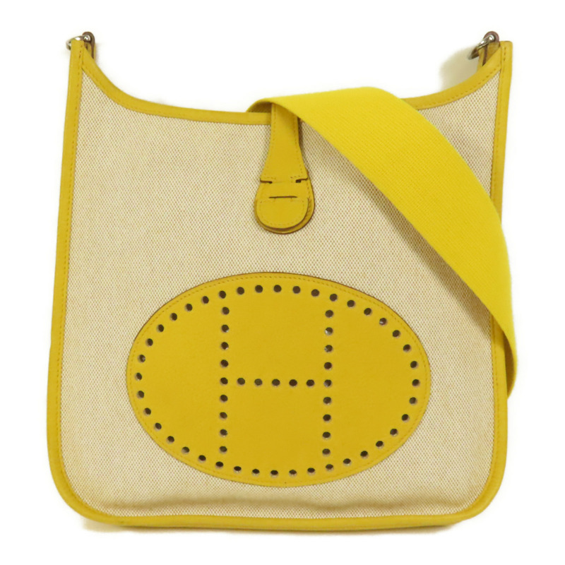 HERMES 帆布/皮革Evelyne PM銀扣肩背袋Soleil-0