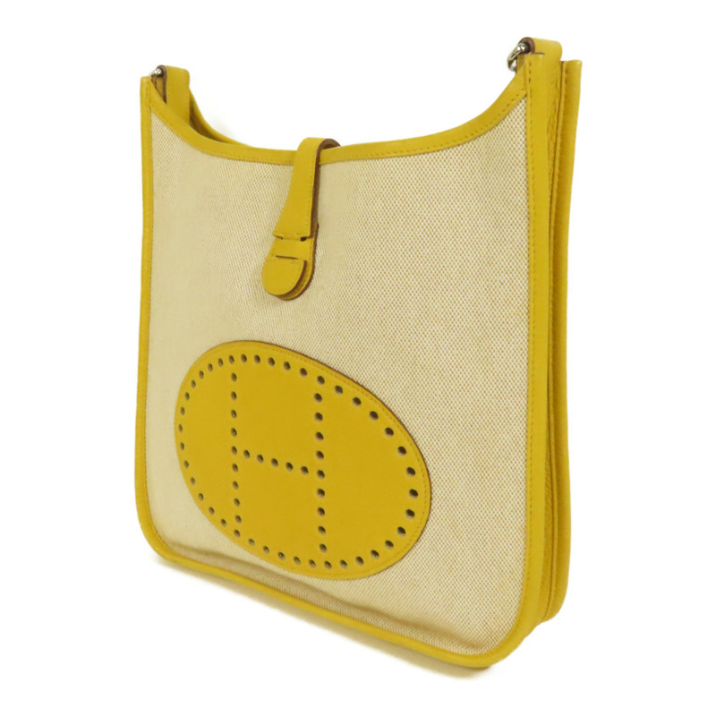 HERMES 帆布/皮革Evelyne PM銀扣肩背袋Soleil-2