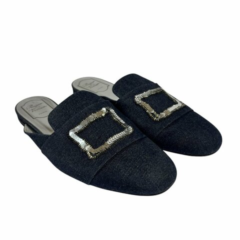 【美收精品】ROGER VIVIER 藍色牛仔布拖鞋 4-563