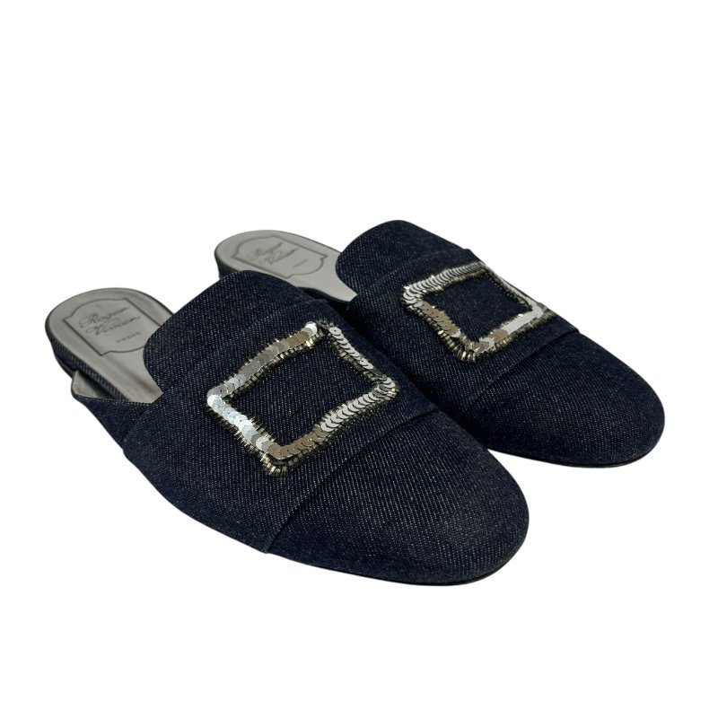 【美收精品】ROGER VIVIER 藍色牛仔布拖鞋 4-563-0