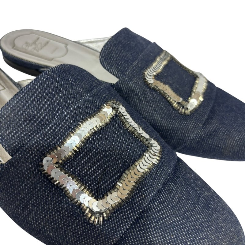 【美收精品】ROGER VIVIER 藍色牛仔布拖鞋 4-563-4