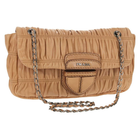 PRADA 褶皺鏈條單肩包 皮革 米色 銀色 B4553C 正品 yk19578V