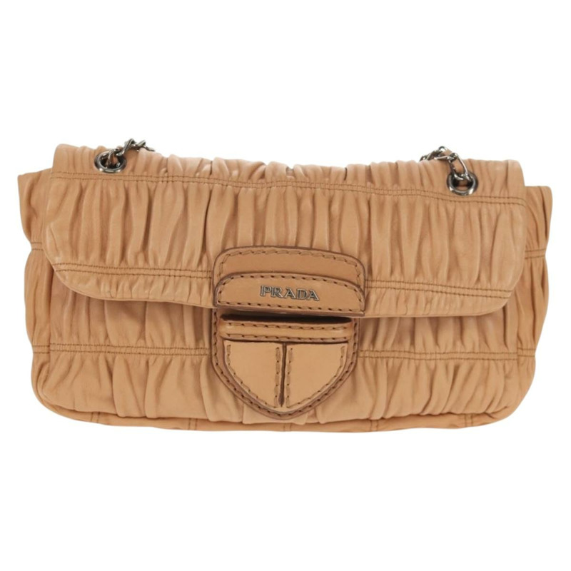 【日本直送】PRADA 褶皺鏈條單肩包 皮革 米色 銀色 B4553C 正品 yk19578V-12