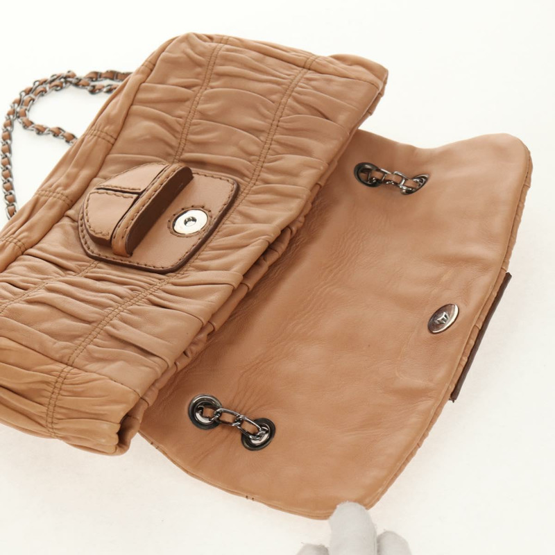【日本直送】PRADA 褶皺鏈條單肩包 皮革 米色 銀色 B4553C 正品 yk19578V-21