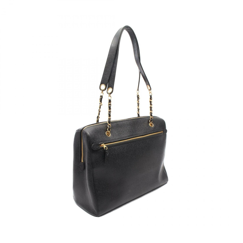 香奈兒 COCO 標誌鏈條肩背包,黑色皮革,二手,女士,金色五金 CC-1