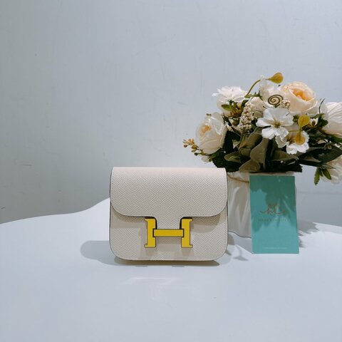 TW4571	Hermes 愛馬仕 康康卡包 小皮具 奶油白拼黃陶瓷面 Constnace Slim Wallet