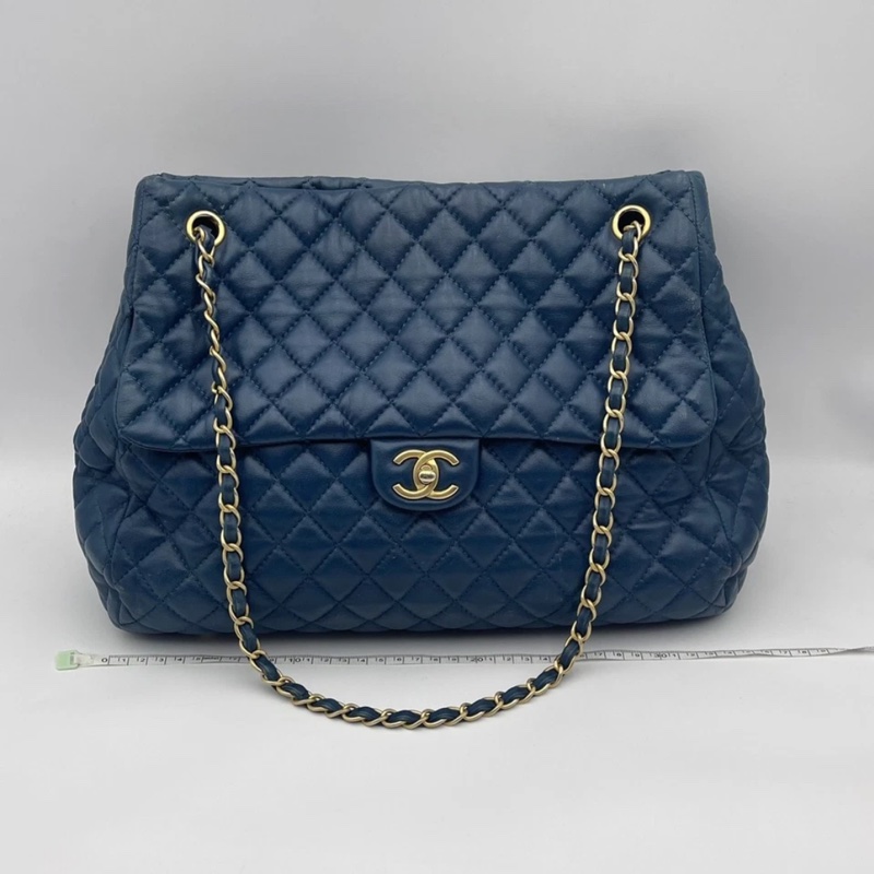 正品CHANEL香奈兒海軍藍菱格紋皮革前袋鏈條手提包-0