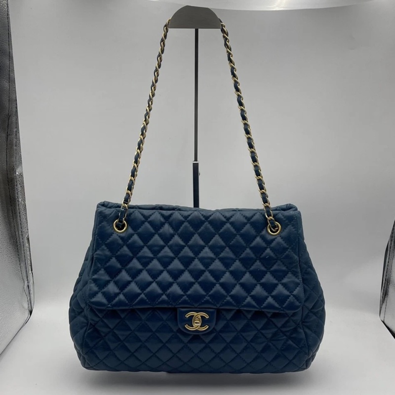 正品CHANEL香奈兒海軍藍菱格紋皮革前袋鏈條手提包-1