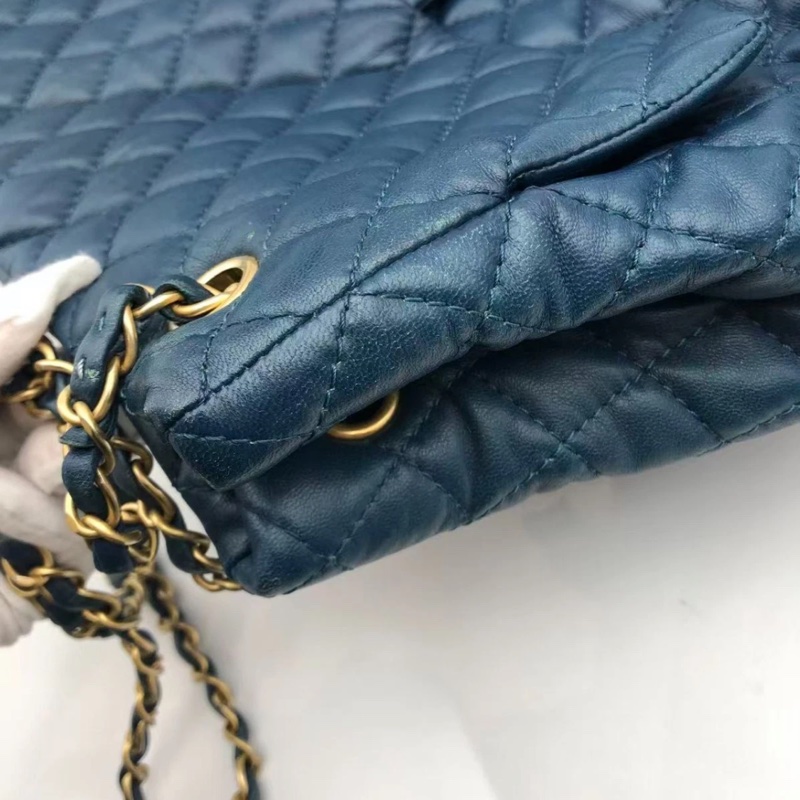 正品CHANEL香奈兒海軍藍菱格紋皮革前袋鏈條手提包-13