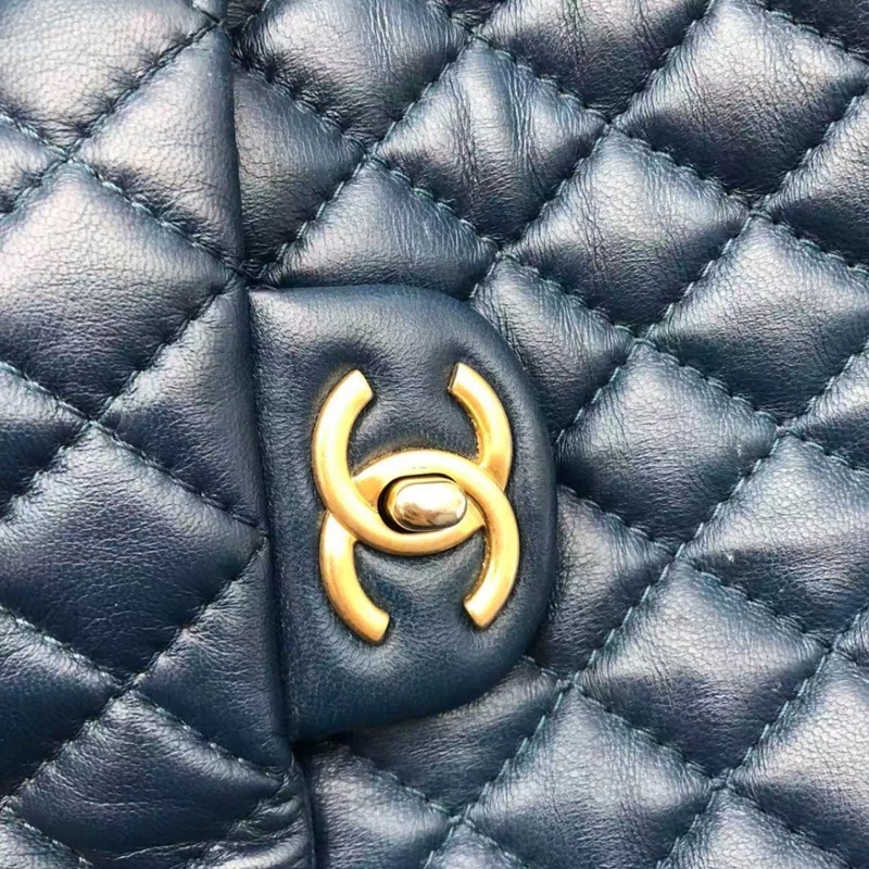 正品CHANEL香奈兒海軍藍菱格紋皮革前袋鏈條手提包-14