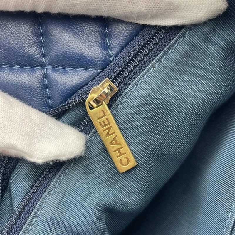 正品CHANEL香奈兒海軍藍菱格紋皮革前袋鏈條手提包-18