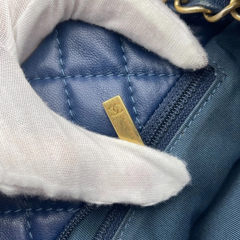 正品CHANEL香奈兒海軍藍菱格紋皮革前袋鏈條手提包-19
