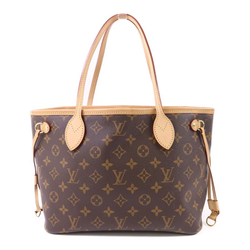 LOUIS VUITTON Monogram Neverfull PM金扣手挽袋棕色-0