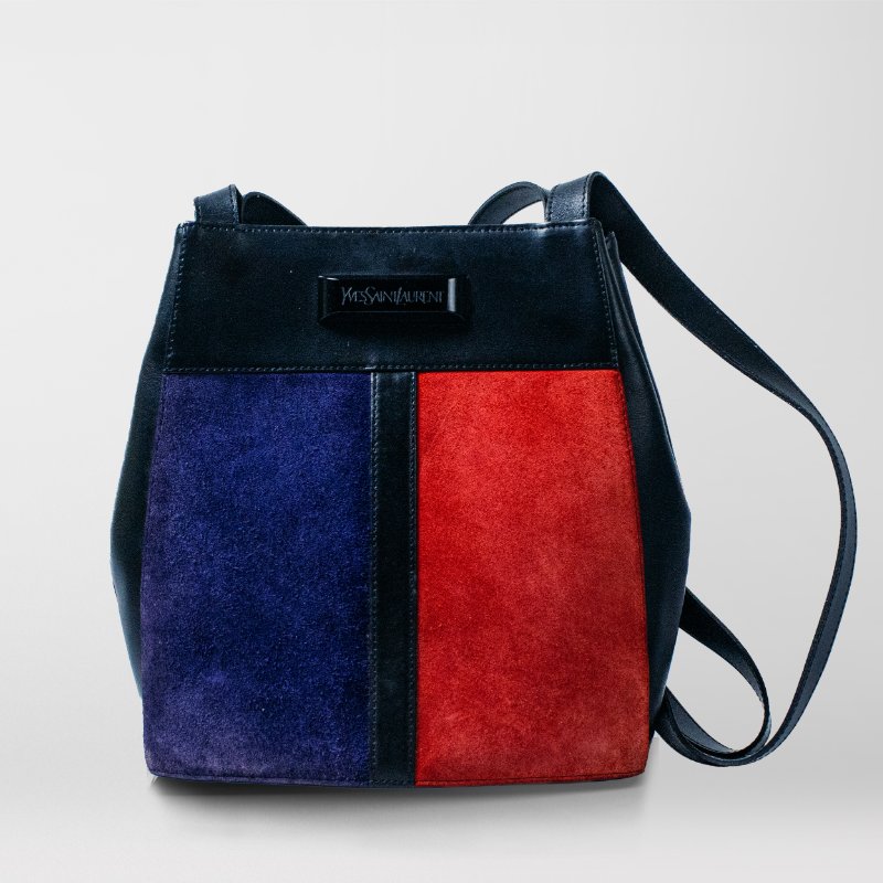 🧠小浮気見世物小屋🧠 法國製🇫🇷Yves Saint Laurent 絕美撞色麂皮水桶包｜蒙德里安配色 × 幾何拼接-1
