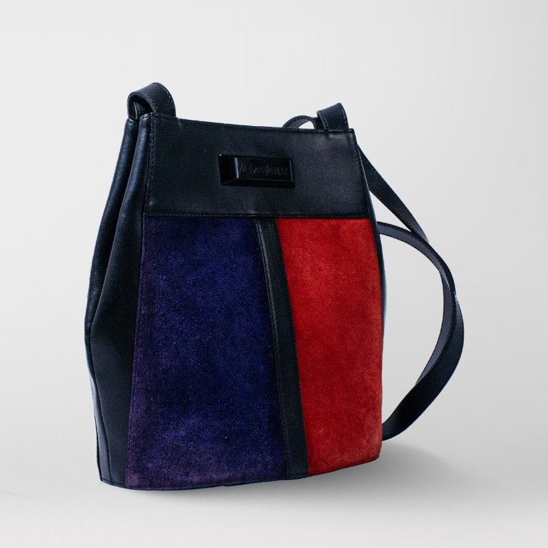 🧠小浮気見世物小屋🧠 法國製🇫🇷Yves Saint Laurent 絕美撞色麂皮水桶包｜蒙德里安配色 × 幾何拼接-7