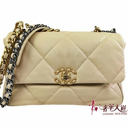 ＊奢華大道國際精品＊【CH0707】CHANEL 奶茶色小羊皮19大型口蓋包 AS1161
