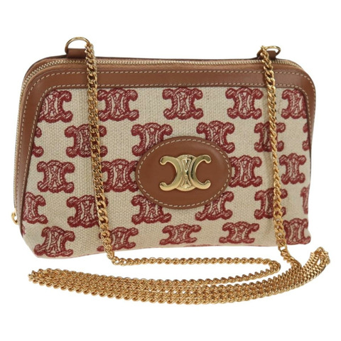 CELINE Triomphe Macadam帆布鏈肩背包 米色金色帆布 正品 154016M