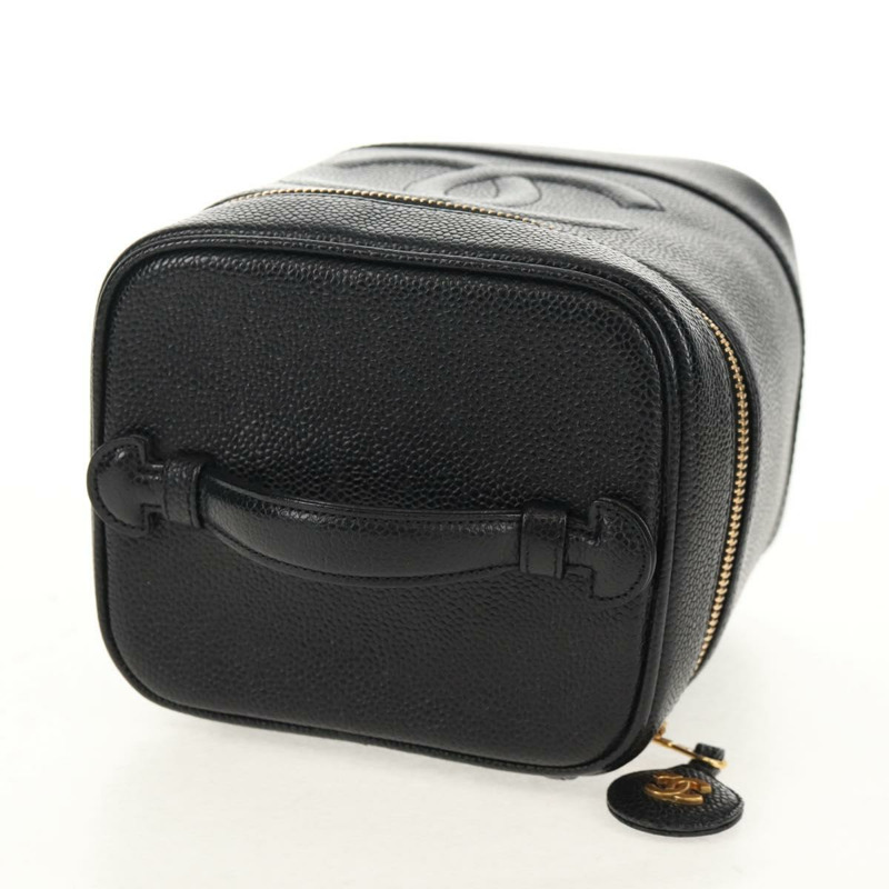 【日本直送】香奈兒 COCO 標誌化妝包，魚子醬皮，黑色，金色 CC 標誌，正品 ka329V-5