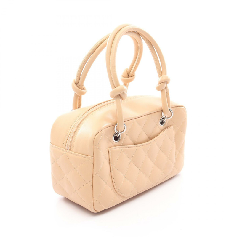 香奈兒 Cambon 系列迷你保齡球手袋,羊羔皮漆皮,米色,二手,女士 CC-1