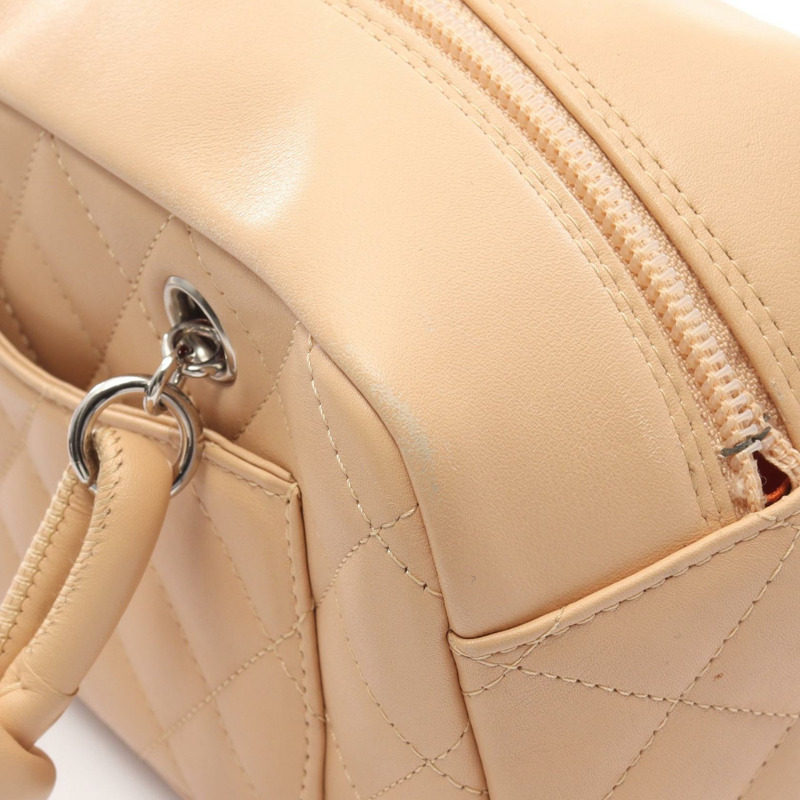 香奈兒 Cambon 系列迷你保齡球手袋,羊羔皮漆皮,米色,二手,女士 CC-10