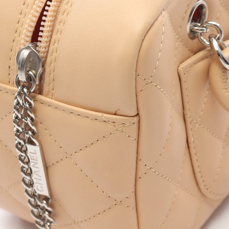 香奈兒 Cambon 系列迷你保齡球手袋,羊羔皮漆皮,米色,二手,女士 CC-14