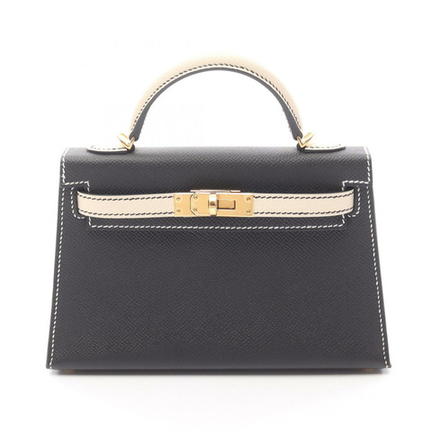 愛馬仕迷你 Kelly 2 肩背包，Epsom 皮革，黑色/米色，二手，金色五金。