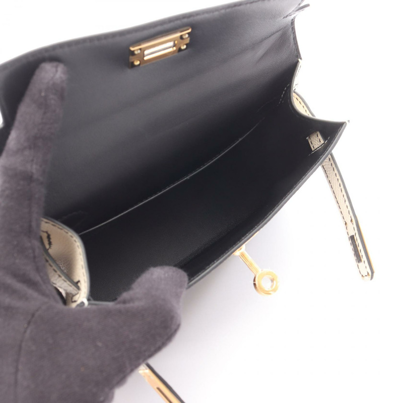 愛馬仕迷你 Kelly 2 肩背包,Epsom 皮革,黑色/米色,二手,金色五金。-2