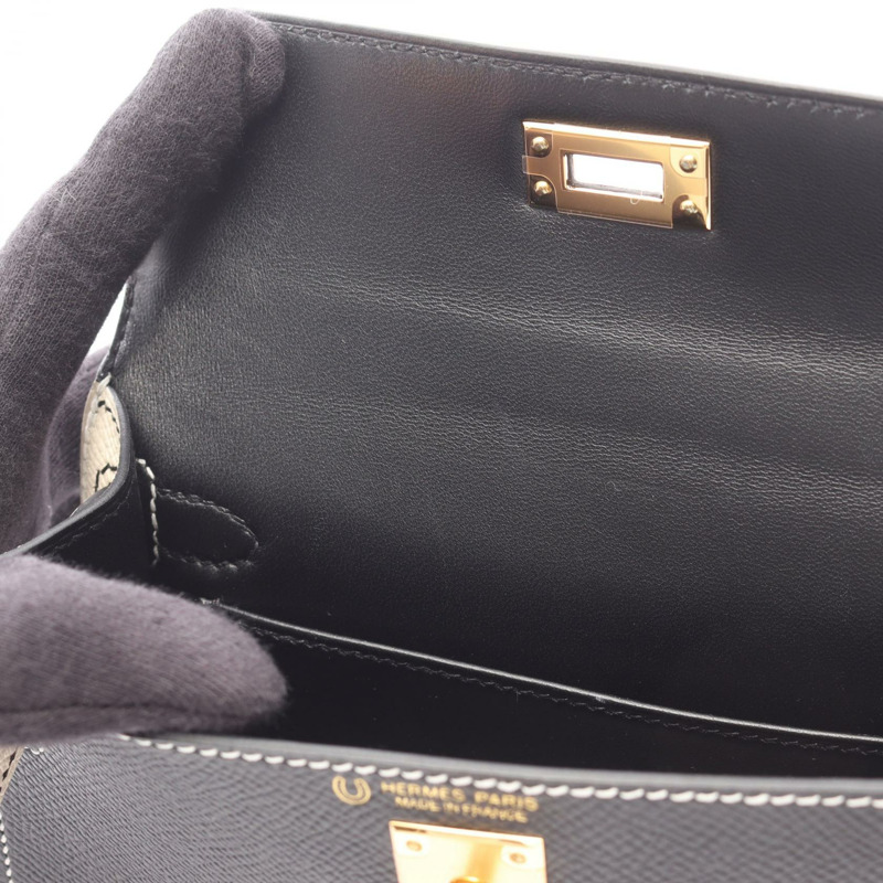 愛馬仕迷你 Kelly 2 肩背包,Epsom 皮革,黑色/米色,二手,金色五金。-6