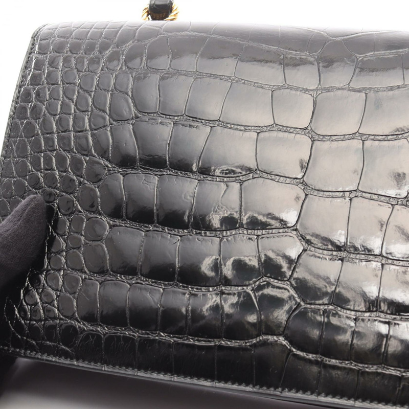 愛馬仕 Cordrire 鱷魚皮 Lycee 黑色二手女士手提包-9