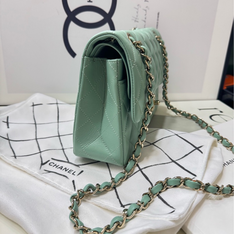 Chanel 薄荷绿cf中号 羊皮金扣 金链30开-2