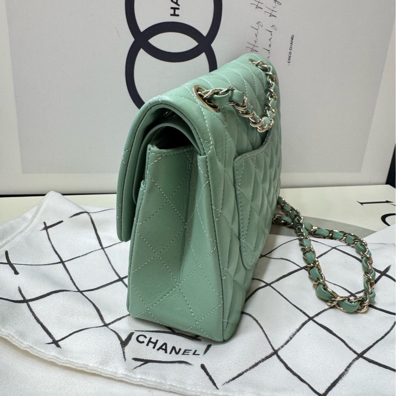 Chanel 薄荷绿cf中号 羊皮金扣 金链30开-3
