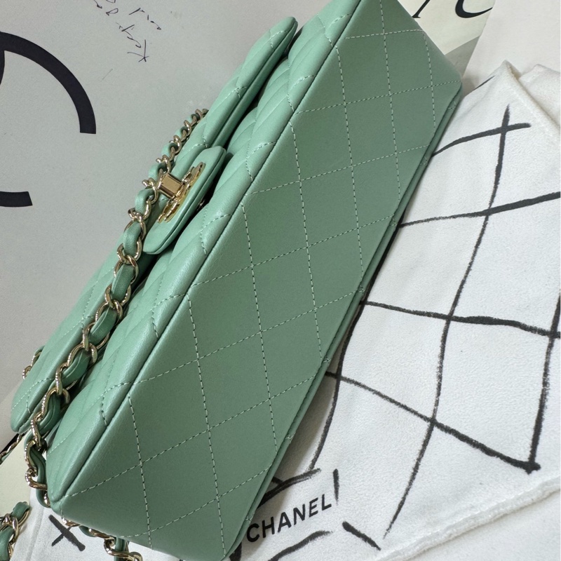 Chanel 薄荷绿cf中号 羊皮金扣 金链30开-5