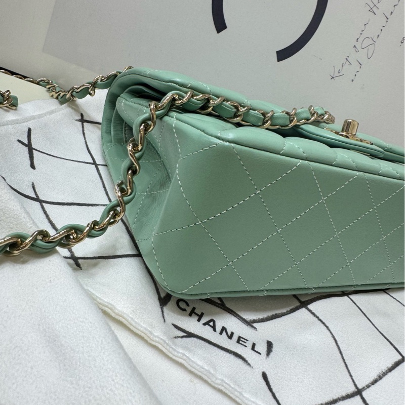 Chanel 薄荷绿cf中号 羊皮金扣 金链30开-9