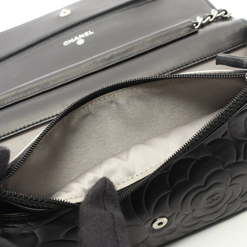 香奈兒山茶花鏈肩背包，羊皮材質，黑色，二手，斜背包，WOC-5