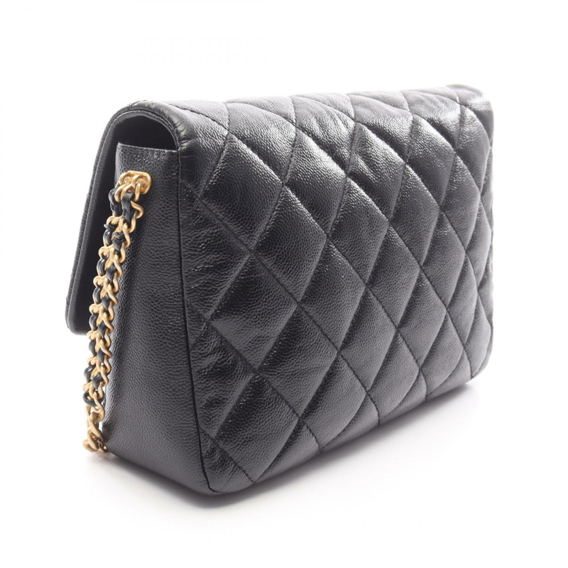 香奈兒 (CHANEL) 絎縫鏈條肩挎包，小牛皮材質，黑色，金色五金，二手女款-1