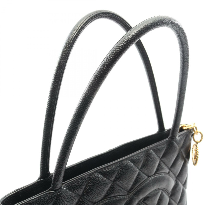 香奈兒 Medallion 手提包，小牛皮，黑色，二手，女士，金色五金-6