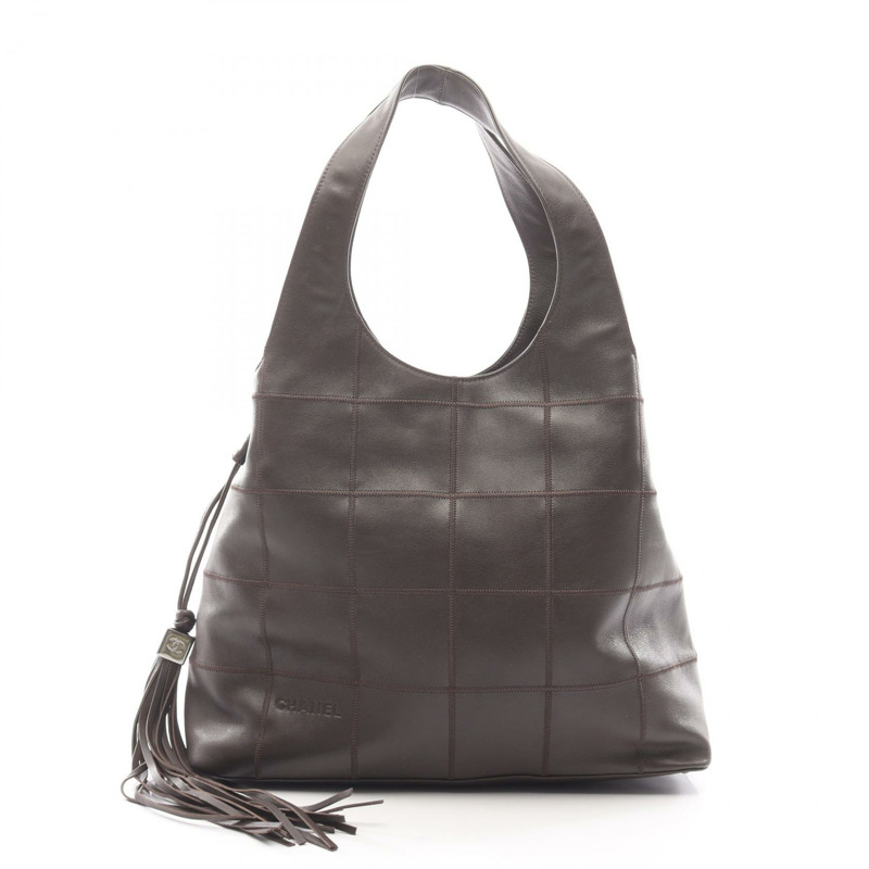 香奈兒巧克力棒縫線肩背包，黑色皮革，流蘇裝飾，二手女款-0