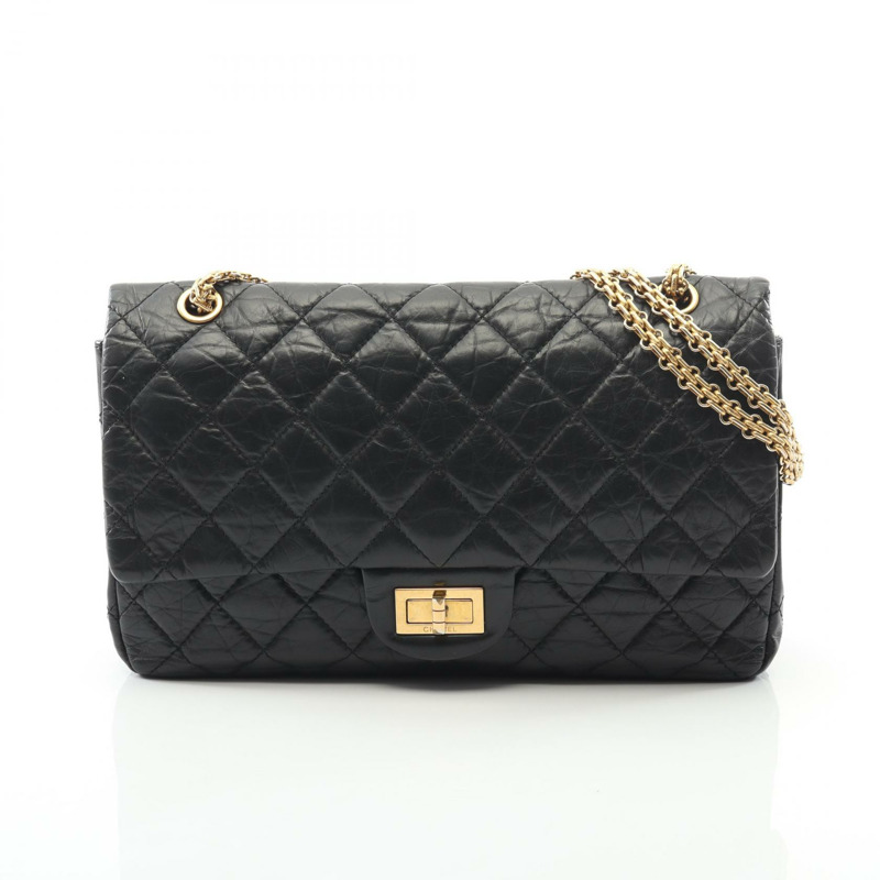 香奈兒 2.55 Matelasse Maxi W 翻蓋鏈條肩背包,黑色小牛皮,二手,金色五金-0