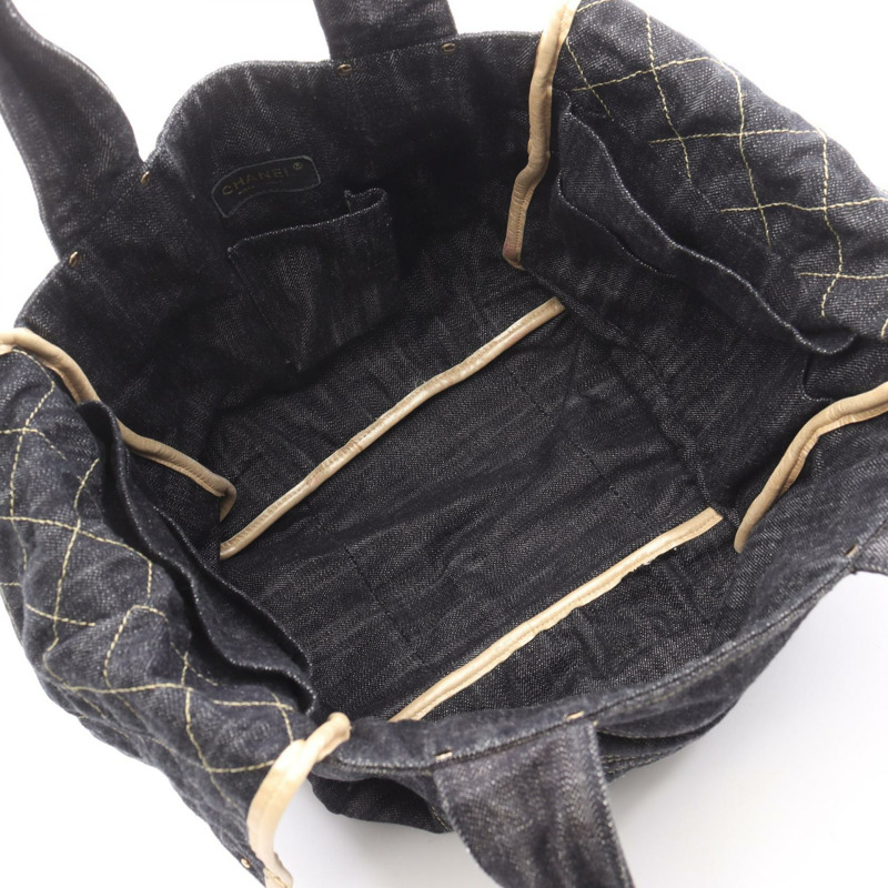 香奈兒閃亮牛仔布 COCO 標誌肩背手提包，海軍藍牛仔布，二手女款，金色五金-2