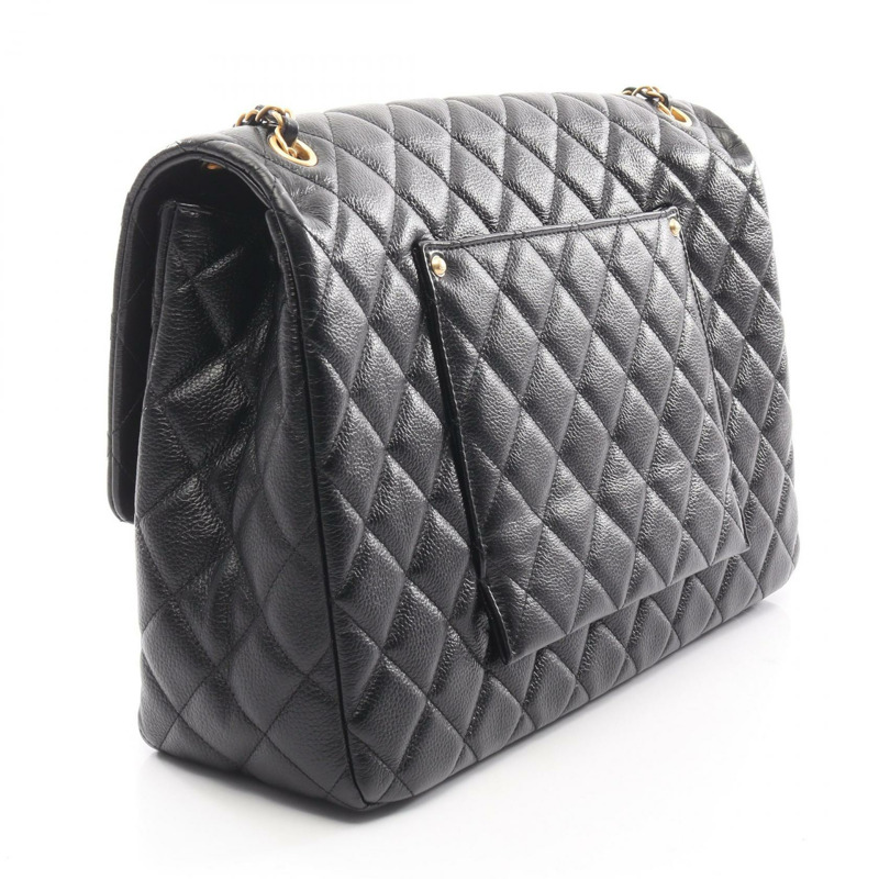 香奈兒 Maxi Flap 絎縫鏈條肩背包，小牛皮材質，黑色，二手，女士款，金色五金-1