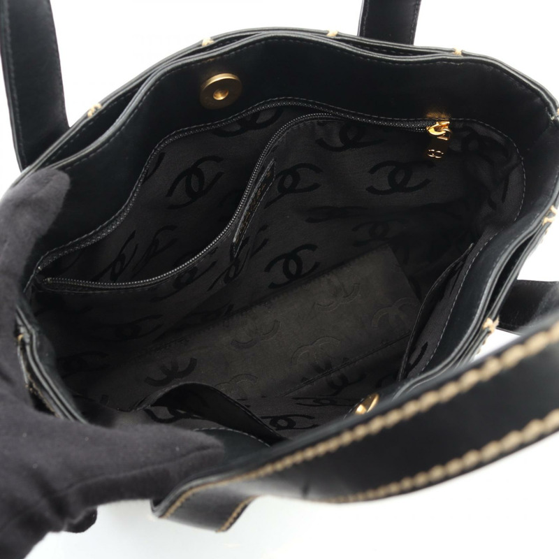 香奈兒 (CHANEL) 野性縫線手提包，黑色皮革，二手，女士，金色五金，COCO CC-2