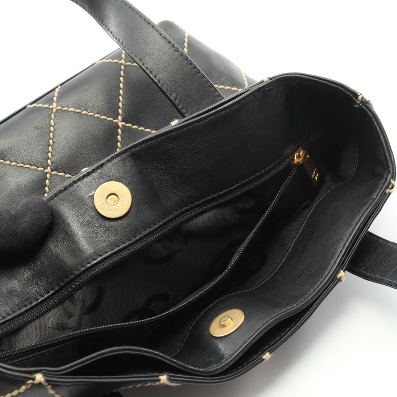 香奈兒 (CHANEL) 野性縫線手提包，黑色皮革，二手，女士，金色五金，COCO CC-9