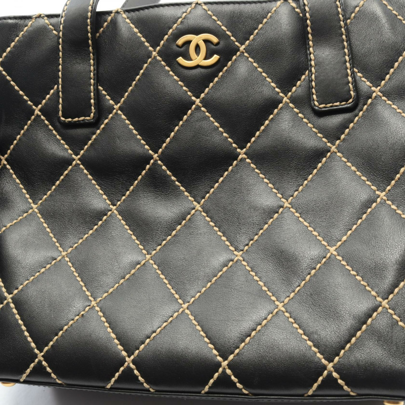 香奈兒 (CHANEL) 野性縫線手提包，黑色皮革，二手，女士，金色五金，COCO CC-10